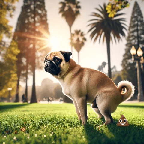 Pug in pooping stance